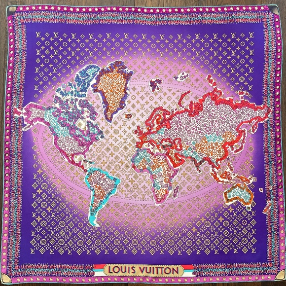New Louis Vuitton Scarf Monogram Map Square Purple Multicolor Silk Wrap - Picture 8 of 15